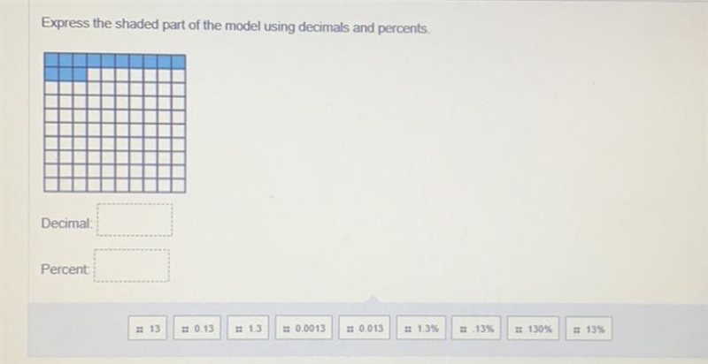 Express the shaded part of the model using decimals and percents. < Decimal: Percent-example-1