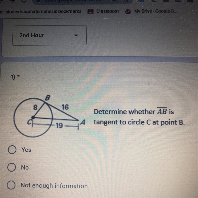 Whether ab is tangent to circle c at point b-example-1