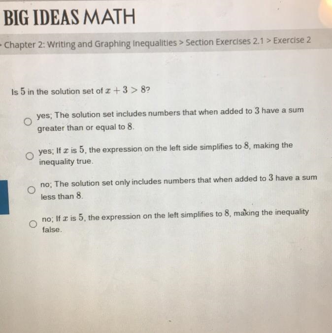 Is 5 in the solution of x+3>8?-example-1