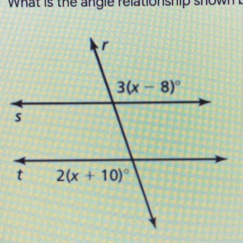 What is the angle relationship shown below? A)Corresponding B)Same side interior C-example-1