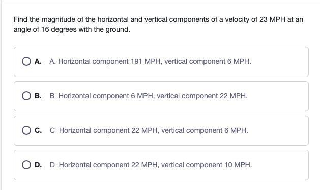 Find the magnitude of the horizontal and vertical components of a velocity of 23 MPH-example-1