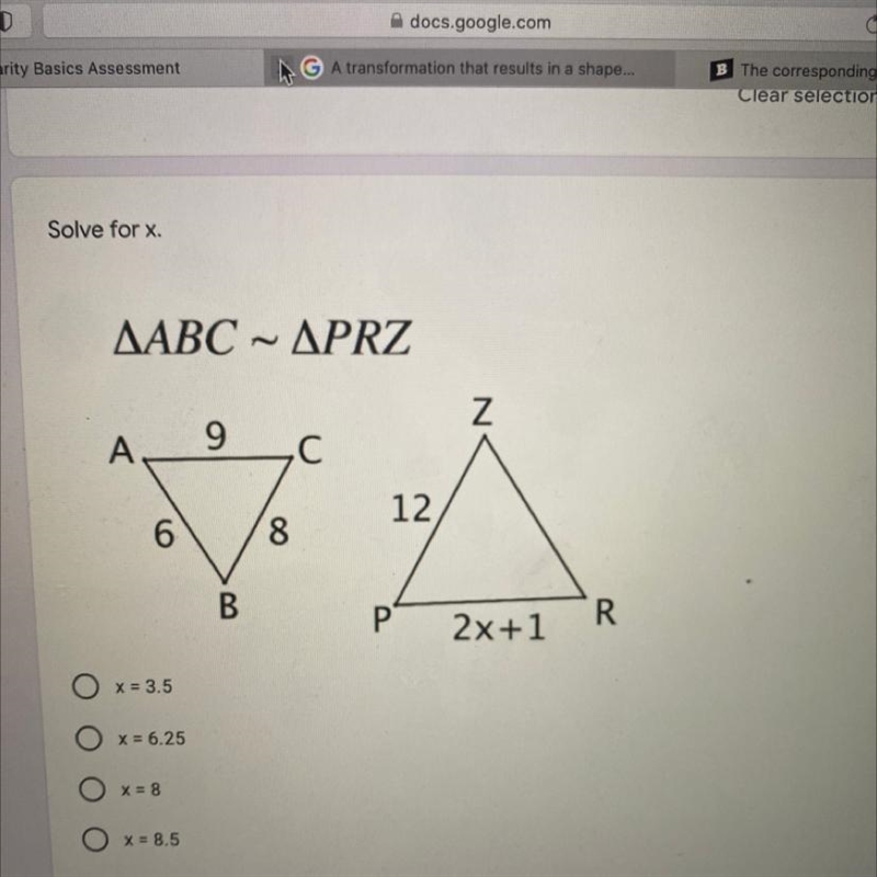 Solve for x (PLEASE HELP) A. x=3.5 B x=6.25 C x=8 D x=8.5-example-1