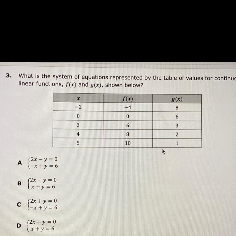 What is the system of equations represented by the table of values for continuous-example-1