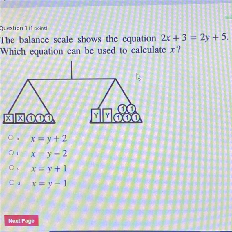 The balance scale shows the equation 2x + 3 = 2y + 5. Which equation can be used to-example-1