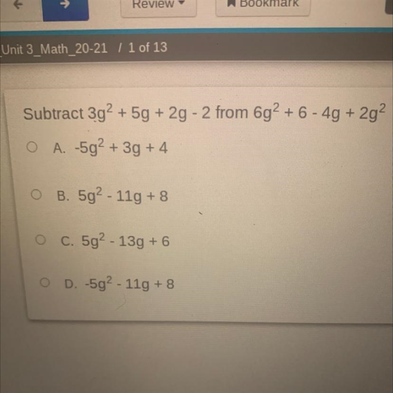 A subtract 3g^2 + 5g + 2g - 2 from 6g^2 + 6 - 4g + 2g^2-example-1