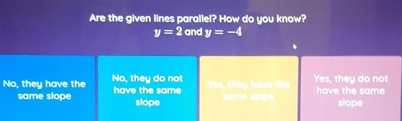 I REALLY NEED THIS RIGHT NOW PLEASE HELP Are the given lines parallel? How do you-example-1