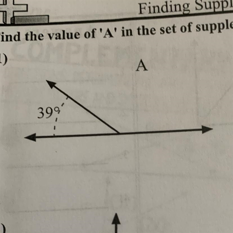 Find the value of 'A' in the set of supplementary angles.-example-1