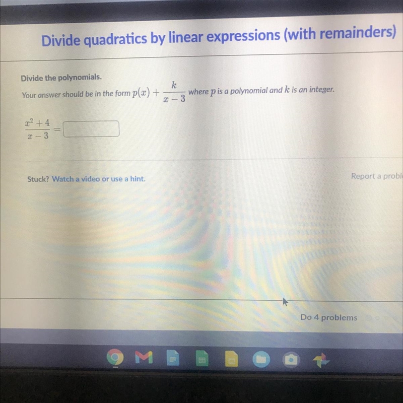 Divide quadratics by linear expressions (with remainders) Divide the polynomials. Your-example-1