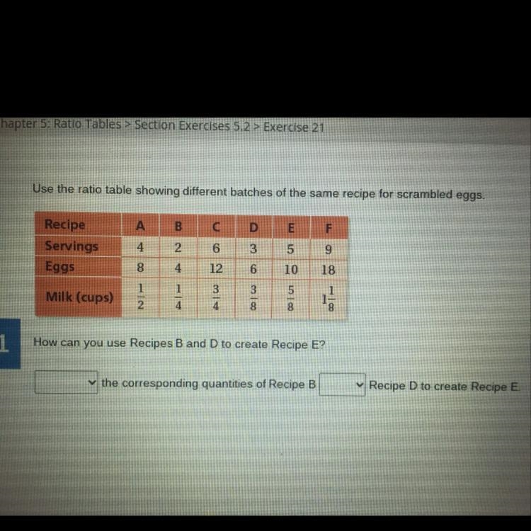 How can you use Recipes B and D to create recipe E? Fill in the blank. 1.) ____ the-example-1