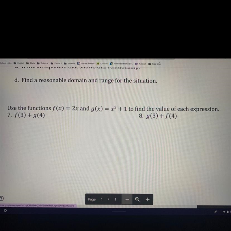 Use the functions f(x)=2x and g(x)= x^2+1 to find the value of each expression. 7. f-example-1