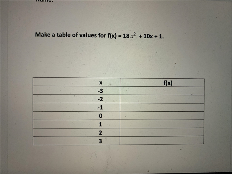 Make a table of values for f(x) = 18x2 + 10x + 1.-example-1