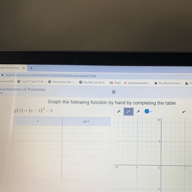 Graph the following function by hand by completing the table g(x) = (x - 5)² – 3-example-1