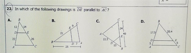 In which of the following drawings is DE parallel to AC?​-example-1