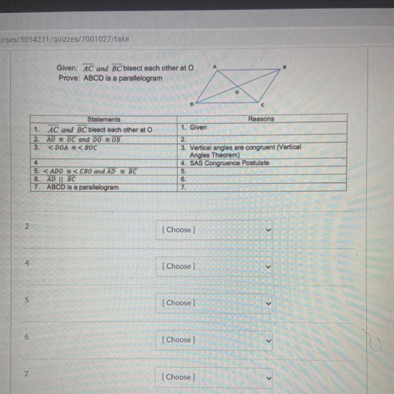 Given: AC and BC bisect each other at o Prove: ABCD is a parallelogram-example-1