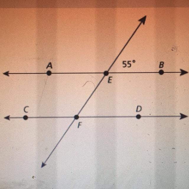 Line AB is parallel to line CD. What is the measure of angle CFE? A 45° B. 55° C. 125° D-example-1