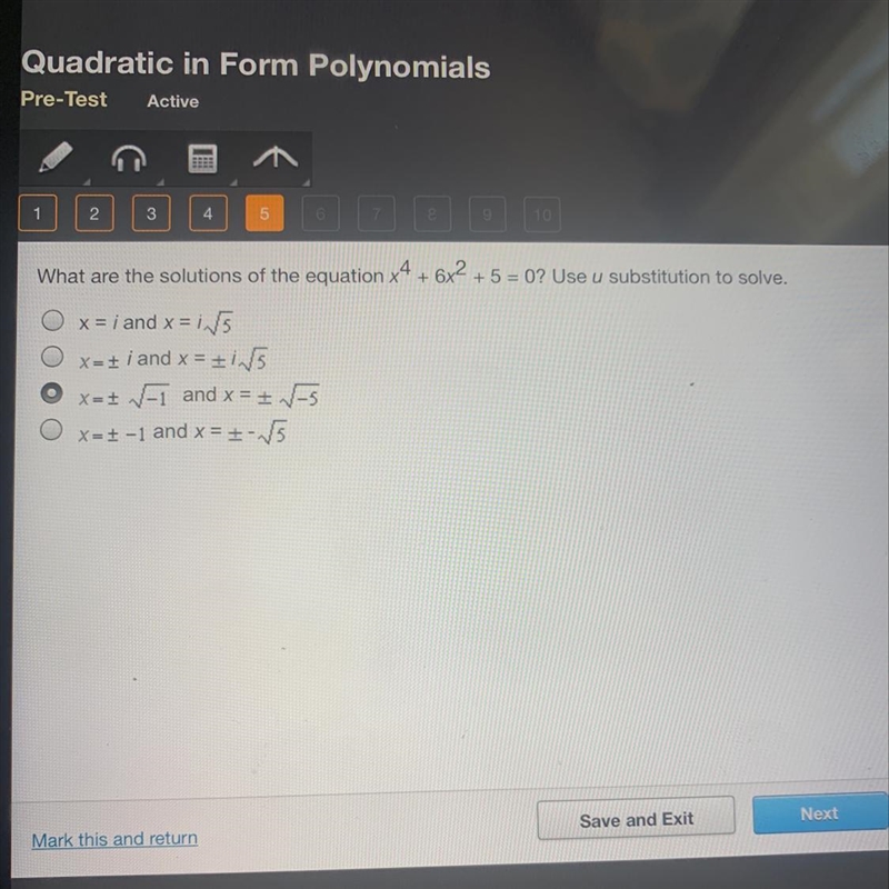 What are the solutions of the equation x^4 + 6x^2 + 5 = 0? Use u substitution to solve-example-1