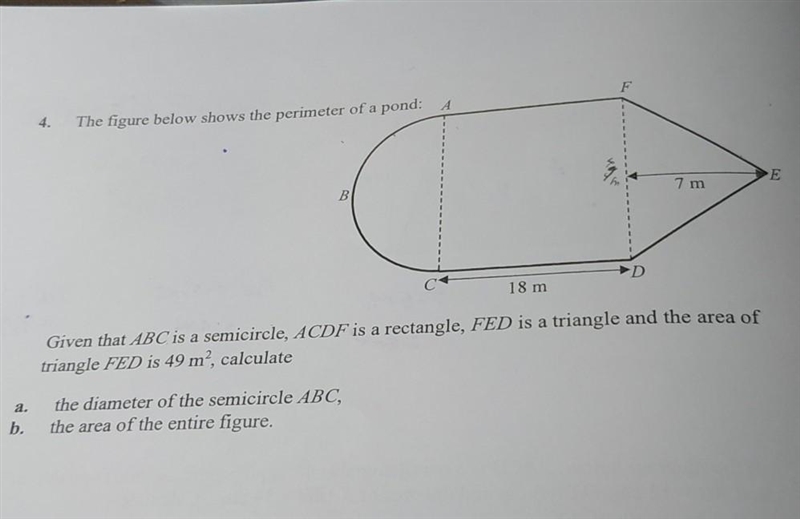 The figure below shows the perimeter of a pond: Given that ABC is a semicircle, ACDF-example-1