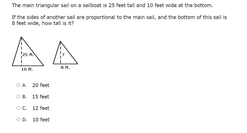 The main triangular sail on a sailboat is 25 feet tall and 10 feet wide at the bottom-example-1