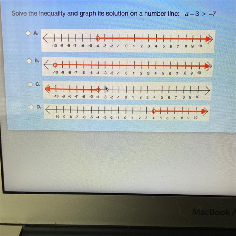 Solve the inequality and graph its solution on a number line a - 3 > -7-example-1