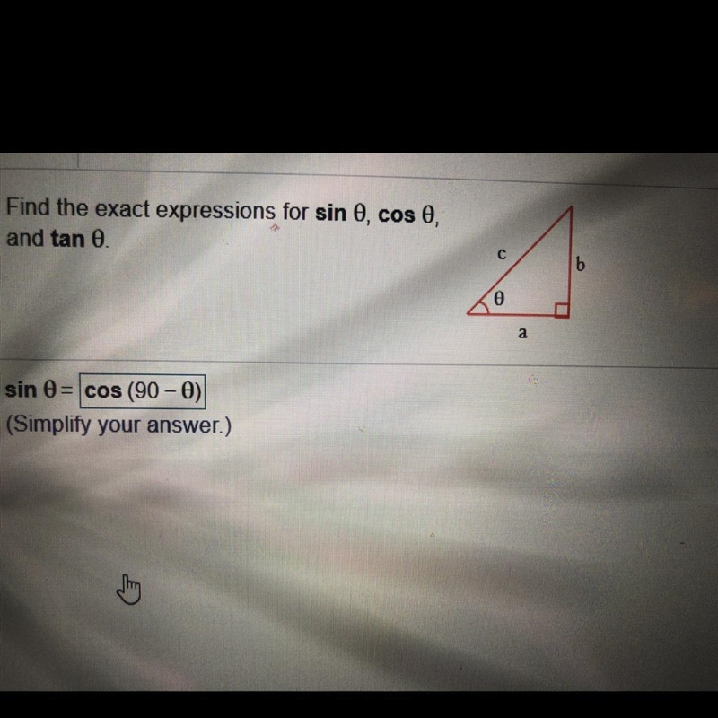 Find the exact expressions for sin theta, cos theta, and tan theta. sin theta = (Simplify-example-1