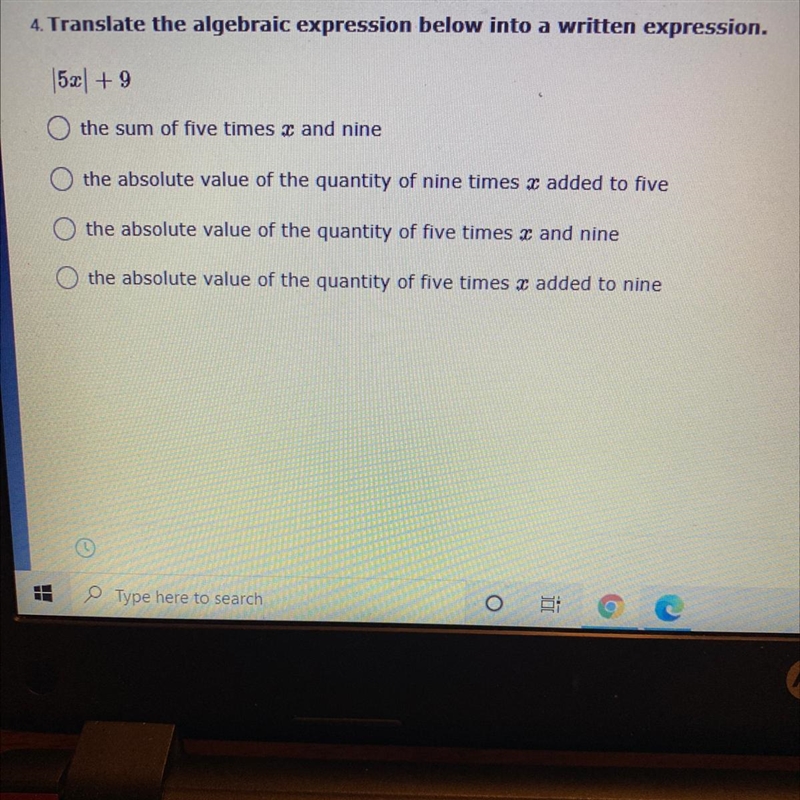 Translate the algebraic expression below into a written expression.-example-1