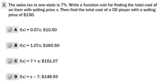 The sales tax in one state is 7% .Write a function rule for the total cost of an item-example-1