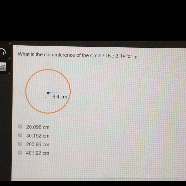 What is the circumference of the circle? Use 3.14 for pi r=6.4 cm circle-example-1