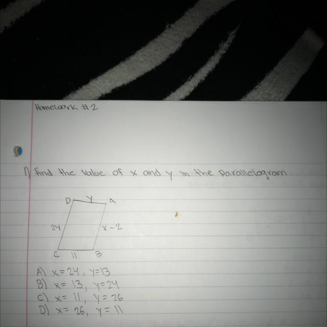 Find the value of x and y in the parallelogram. Helpp-example-1