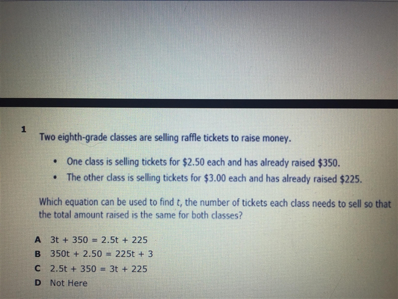 Which equation can be used to find T the number of tickets each class needs to sell-example-1