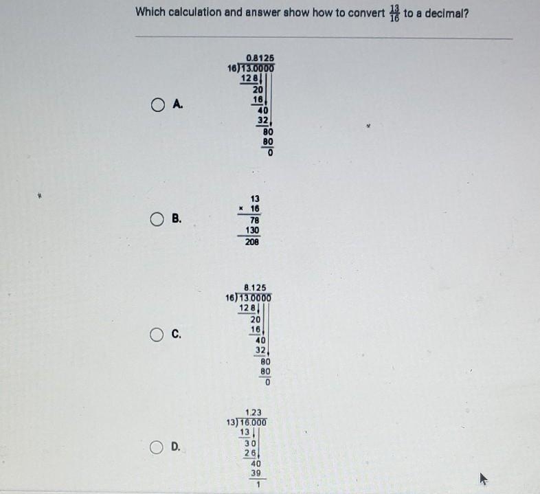 Which calculation and answer show hi ow to convert 13/16 to a decimal​-example-1