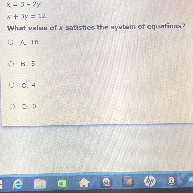 Conside the system of equations. X=8-2y X+3y=12-example-1