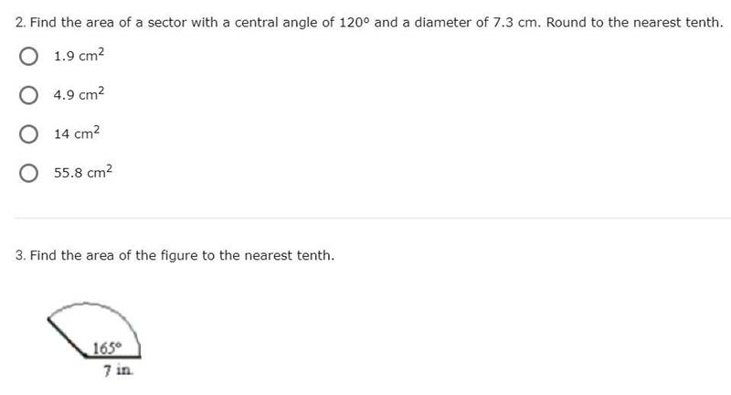 Find the area of a sector with a central angle of 120° and a diameter of 7.3 cm. Round-example-1