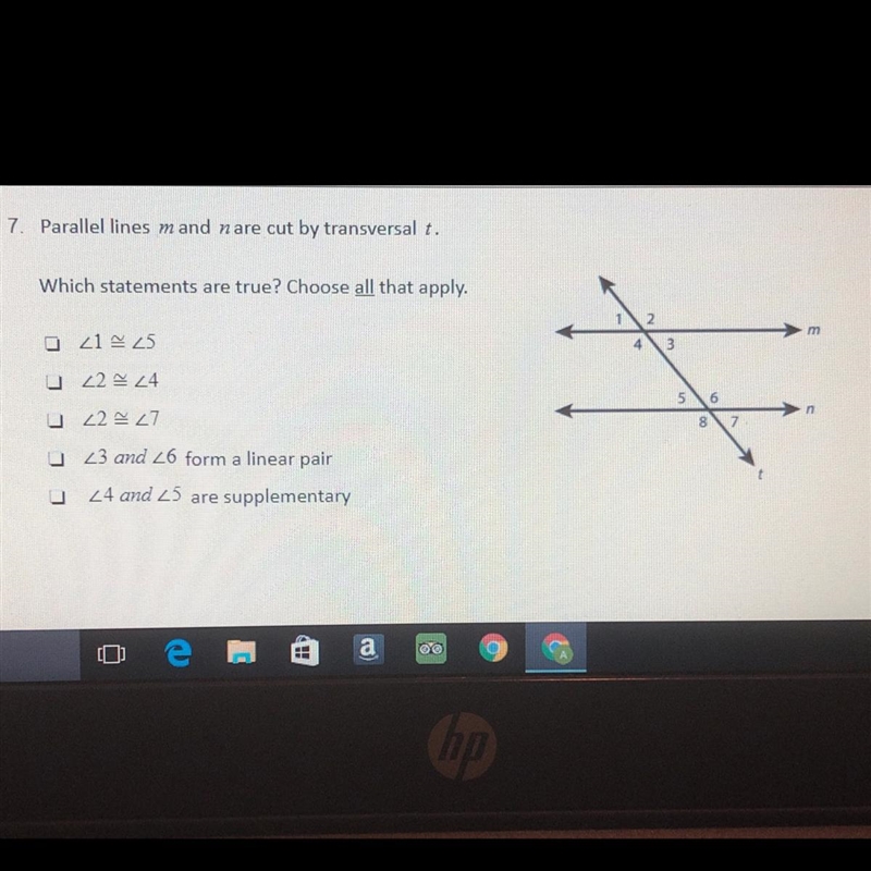 Please help me out guys parallel lines m and n are cut by transversal t. Which statements-example-1