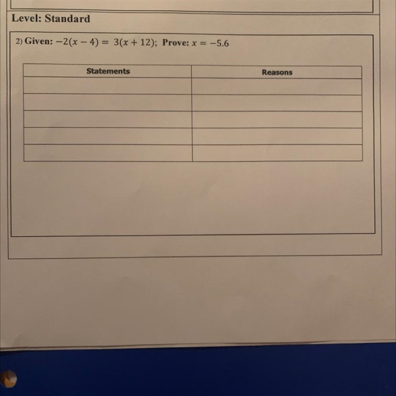 Level: Standard 2) Given: -2(x - 4) = 3(x + 12); Prove: x = -5.6 Statements Reasons-example-1