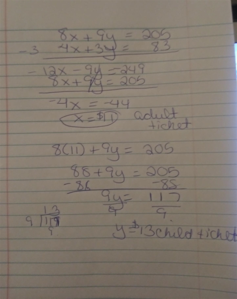 A local kids play sold 8 adult tickets and 9 child tickets for a total of $205. On-example-1