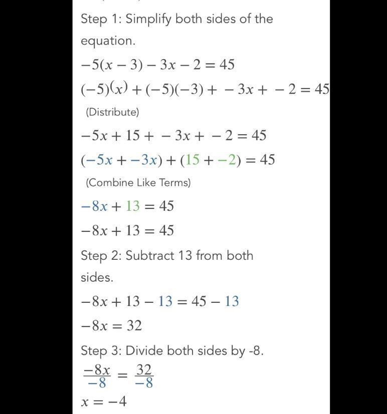 -5(x – 3) – 3x - 2 = 45 Can someone please help me explain this to me thank you!-example-1