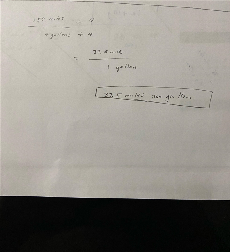 150 miles on 4 gallons of gas. Rate and unit rate .-example-1