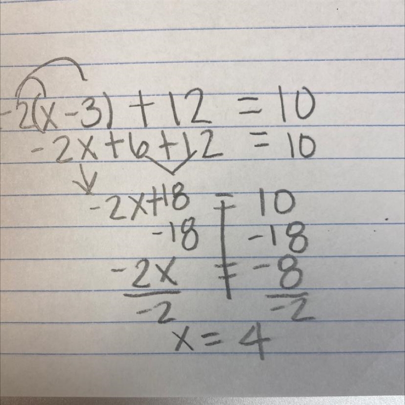 What are the steps you take to solve the problem? -2(x – 3) + 12 = 10-example-1