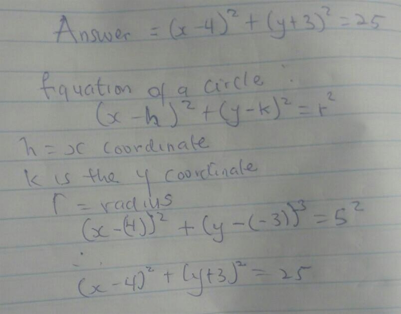 Find The equation of a circle that has it center at (-4,3) and has a radius of 5.-example-1