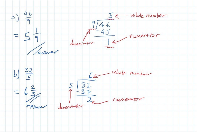 Write the following fractions as mixed number: 46/9, and 32/5-example-1