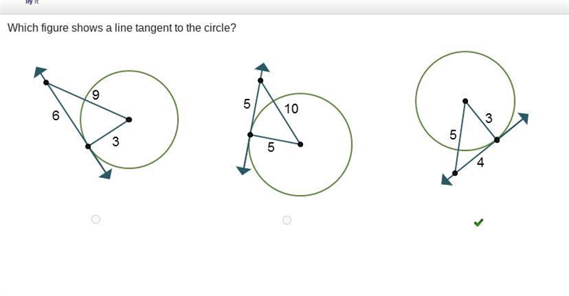 Which figure shows a line tangent to the circle? A circle is shown. A line with length-example-1