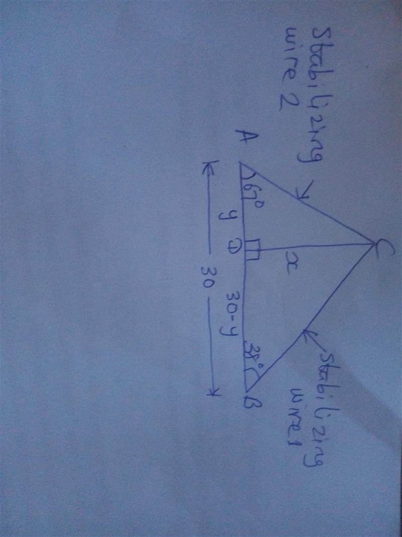 Two stabilizing wires extend from the top of a pole to the ground, forming right triangles-example-1