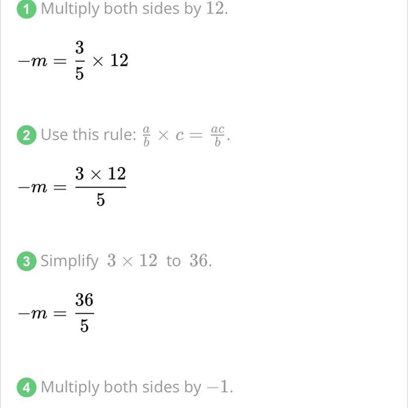 I NEED HELP ASAP!!!! -m/12 = 3/5 What does m equal? Explain.-example-1