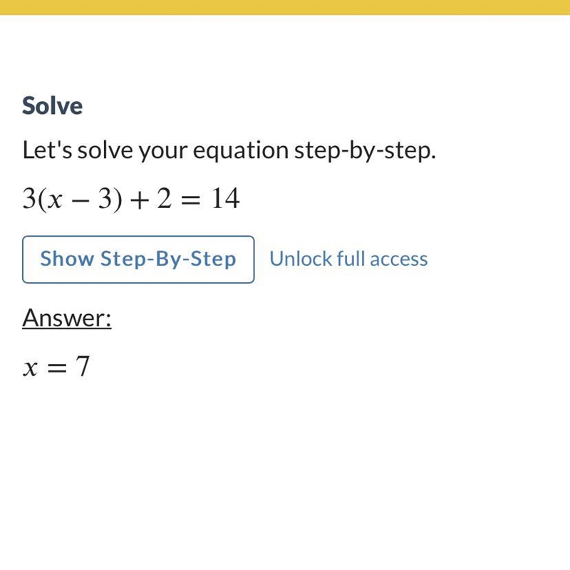 Solve for x: 3[× - 3] + 2 = 14 A. No solutions B. x = -1, х = 8.3 C. x = 0, х = 7 D-example-1