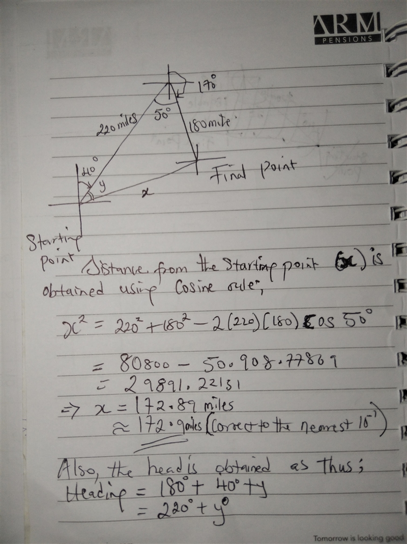 An airplane flies 220 miles with a heading of 40 and then flies 180 miles with a heading-example-1