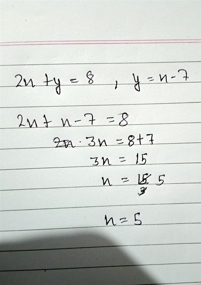 2x+y =8 and y=x-7 solve by substitution-example-1