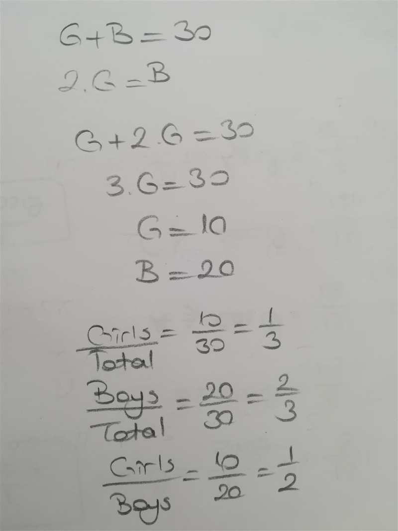 Mr Kobe has 30 students in his class ha has twice as many girls and boys what are-example-1