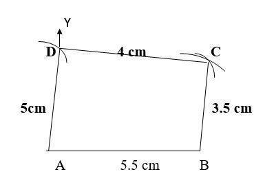 Construct ABCD with AB =5.5cm BC=3.5cm,CD=4cm,AD=5cm, and angle A=45°, with construction-example-1