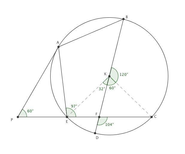 In circle K shown, secant PEC intersects chord BKD at F. If AE = AB, mED = 32, and-example-1