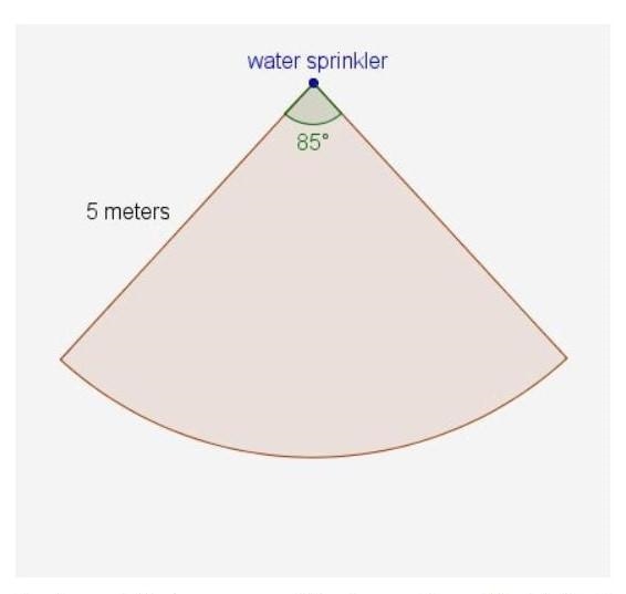 A water sprinkler has a range of 5 meters as shown. The jet of water from the sprinkler-example-1